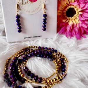 Dark Purple and Gold Shiny Beads Earring and Bracelet Set