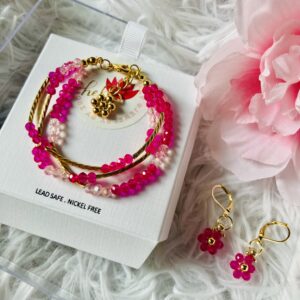hot Pink beaded bracelet with flower earrings set