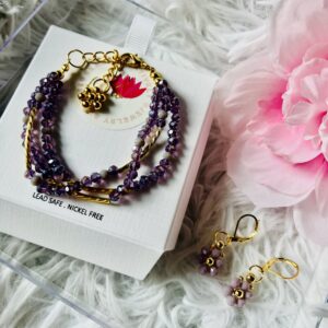 Purple Beaded Bracelet with Flower Earrings Set
